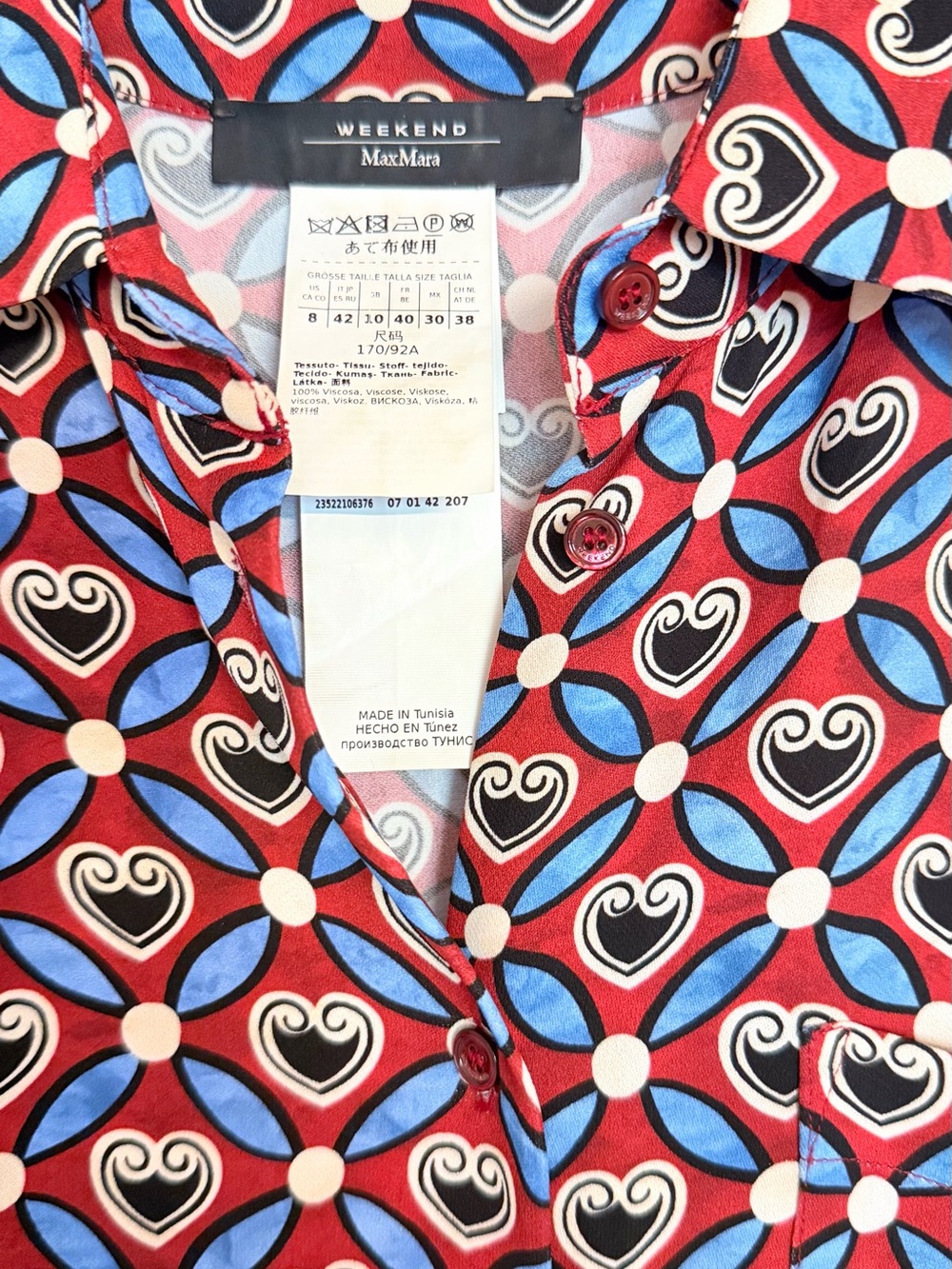 MaxMara Weekend Red Blue and Black Geometric Heart Print Blouse
